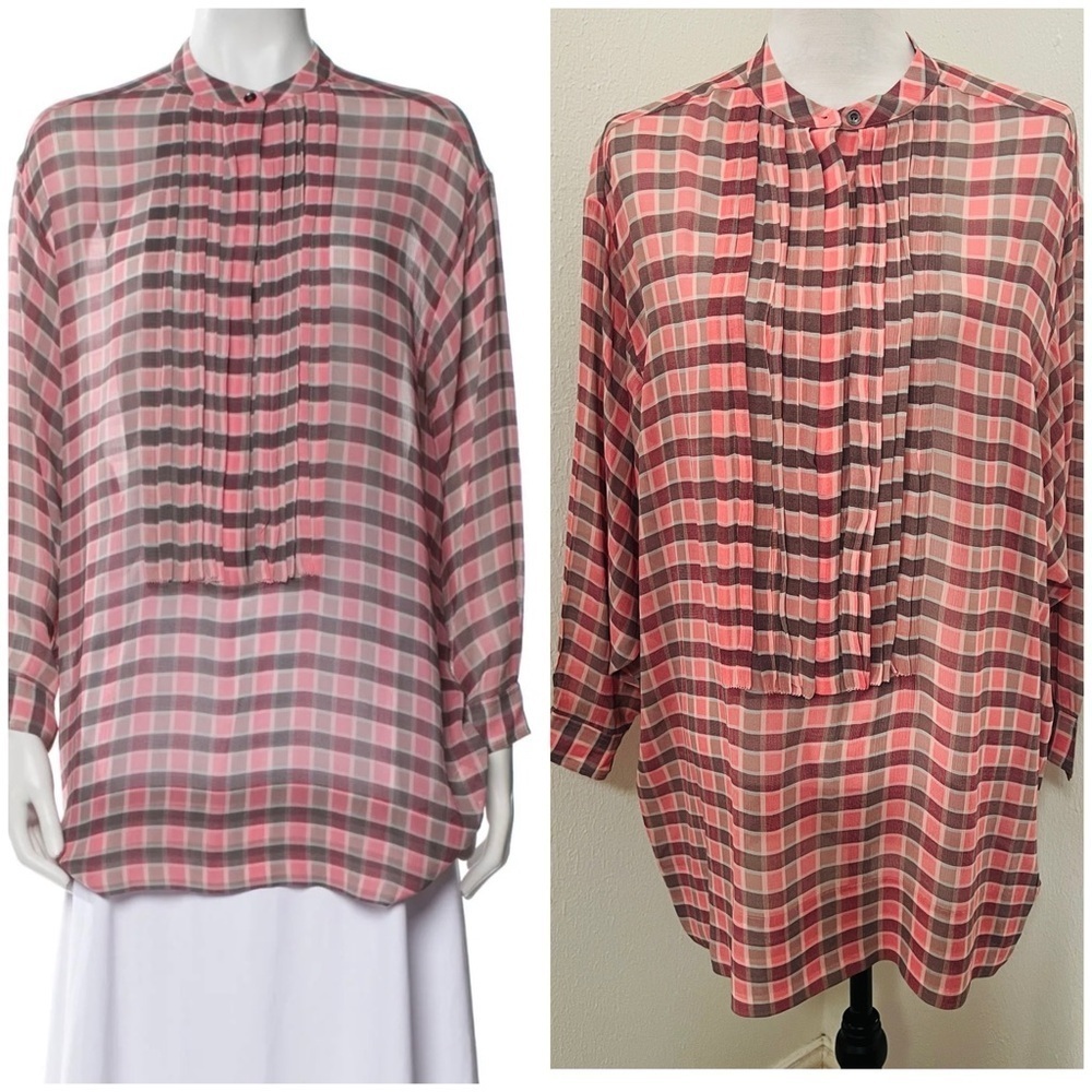 Burberry Brit Vintage 100% Silk Peony Check Plaid Blouse Small Women’s Pink Grey